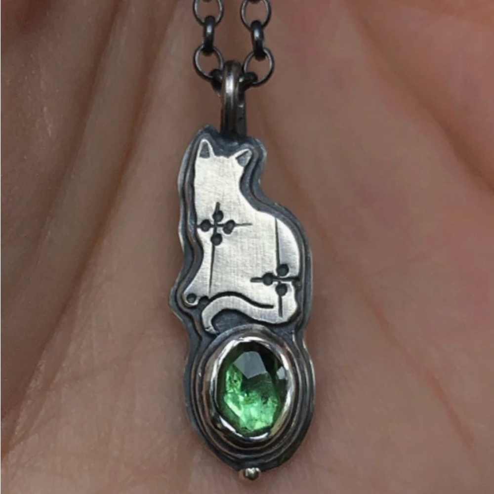 Cat Pendant Necklace with Green Gemstone
